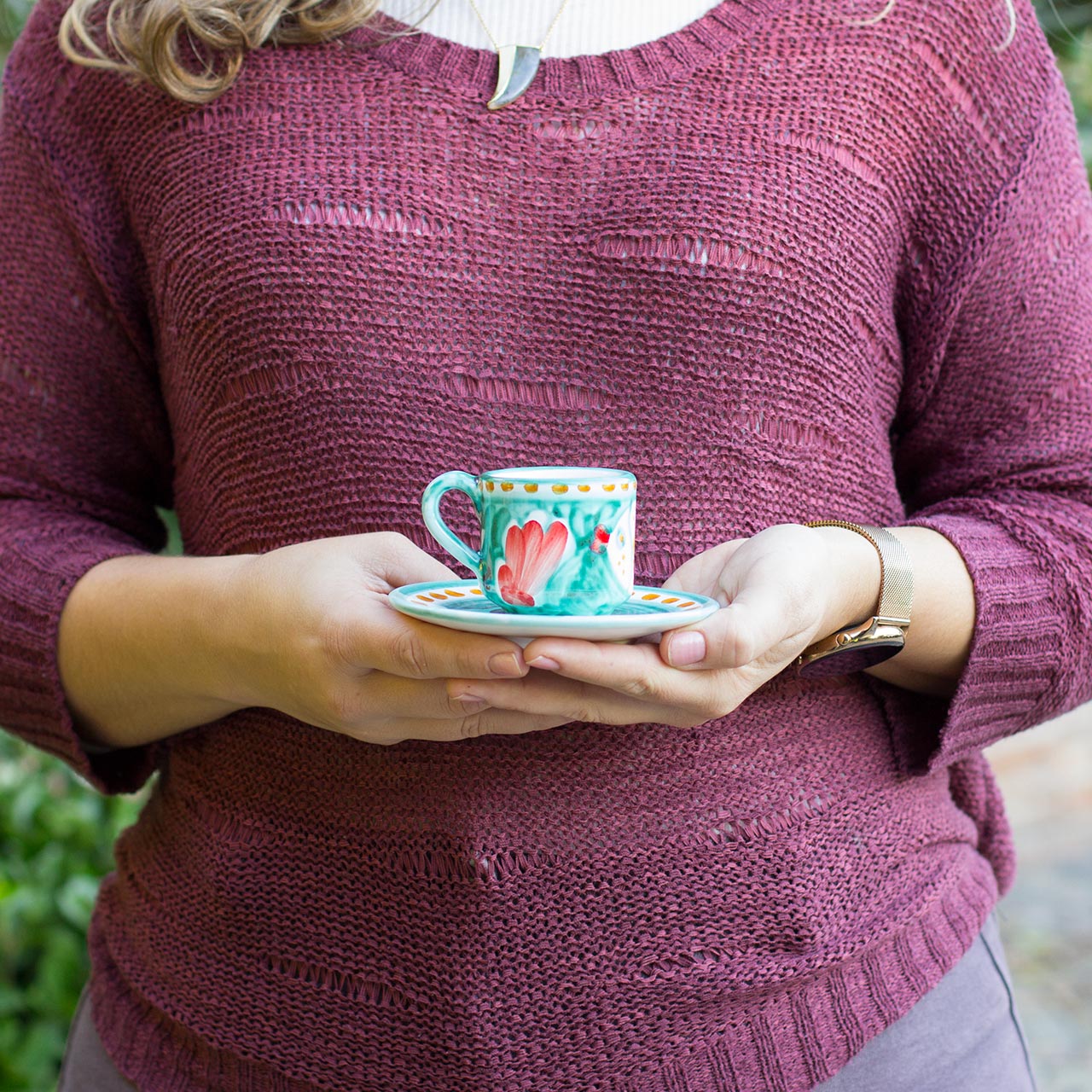 Hand-Decorated Vietri Ceramic Cup with Saucer